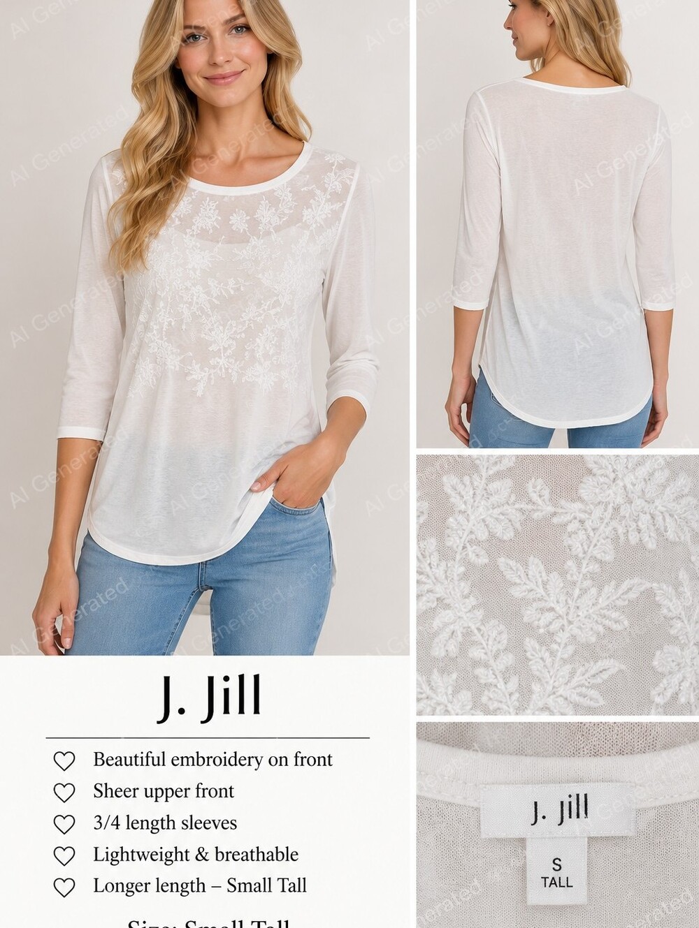 J. Jill White Long Sleeve Cotton-blend Top w/Embroidery in Front, EUC